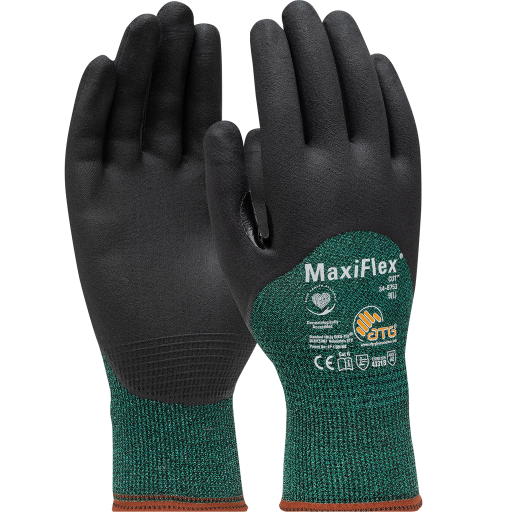 Product image for PIP 34-8753/L MAXIFLEX CUT, GREEN ENG YARN, BLACK 3/4 DIP NITRILE MICRO-FOAM GRIP, A2 LIKELY SUBJECT TO TAX