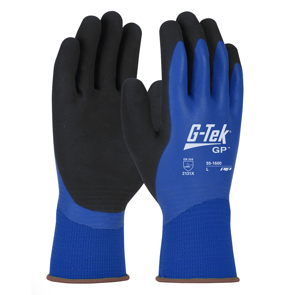 Product image for PIP 55-1600/M Waterproof Seamless Knit Polyester Glove w/ Double-Dipped Latex Coated MicroSurface Grip on Palm, Fingers Knuckles - Medium