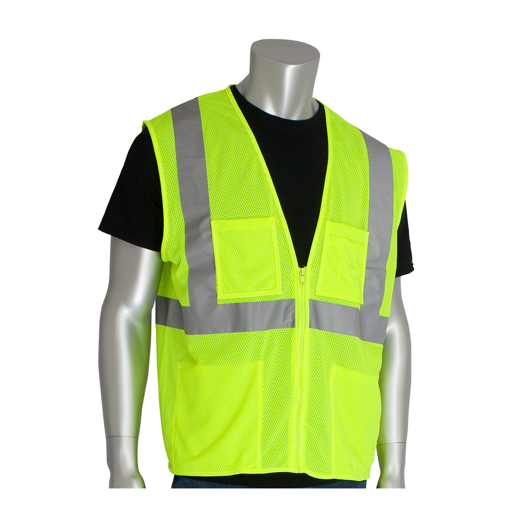 Product image for PIP 302-MVGZ4P-LY-M ANSI Type-R Class-2 Four Pocket Value Mesh Vest, Hi-Viz Lime Yellow - Medium