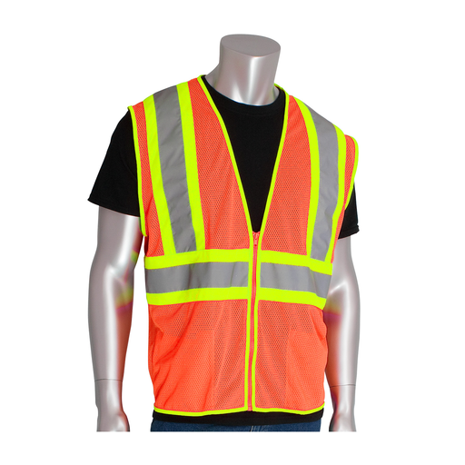 Product image for PIP 302-MVOR-M CLASS 2 MESH VEST 2 POCKETS ZIPPER CLOSURE TWO TONE TAPE OR