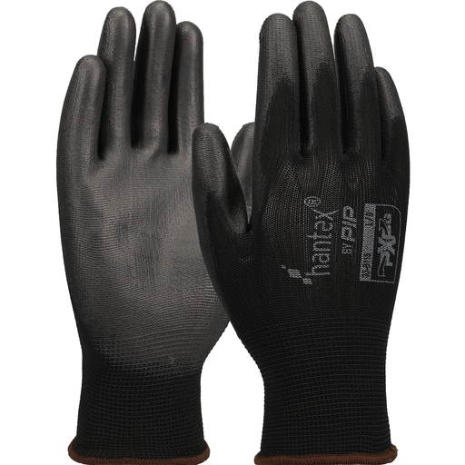 Seamless Knit Polyester Glove with Polyurethane Coated Flat Grip on Palm & Fingers, Black, XL