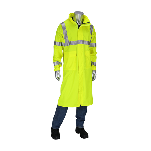 Product image for PIP 355-2505AR-LY/L ARC RATED RAIN COAT PU/COTTON ANSI CLASS 3 ZIP CLOSE VENT BACK FR REFL. TAPE 16 CAL LY