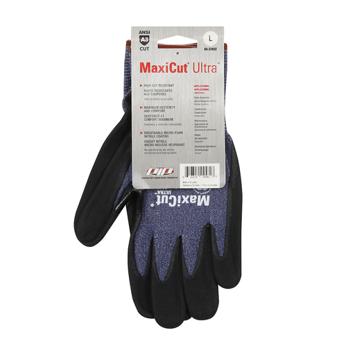 Product image for PIP 44-3745T/L MAXICUT ULTRA, BLUE ENG YRN SHELL, BLK MICROFOAM NITRILE GRIP, TAGGED LIKELY SUBJECT TO TAX