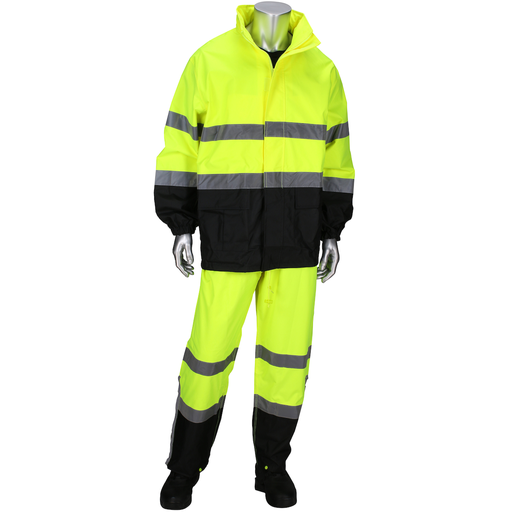 ANSI Type R Class 3 Two-Piece Rain Suit with Black Bottom, Hi-Vis Yellow, L