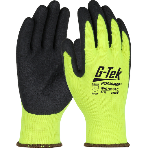 Regular Weight Hi-Vis Seamless Knit Polyester Glove with Latex Coated Crinkle Grip on Palm & Fingers, Hi-Vis Yellow, L