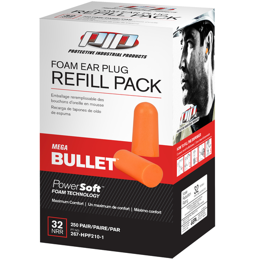 Product image for PIP 267-HPF210-1 DISPENSER REFILL PACK, MEGA BULLET EAR PLUGS HPF210, 32 DB, 250/BOX LIKELY SUBJECT TO TAX