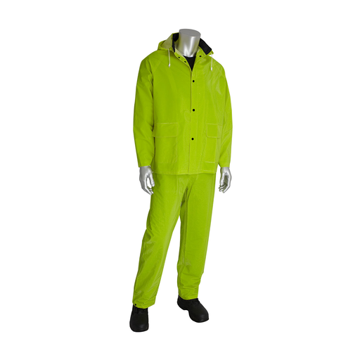 Product image for PIP 201-355X1 RAINSUIT 3PC. .35MM PVC/POLYESTER HOOD CORDUROY COLLAR HI VIS LY