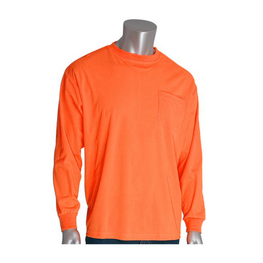 Product image for PIP 310-1100-OR/L NON-ANSI LONG SLEEVE T-SHIRT CREW NECK CHEST POCKET OR
