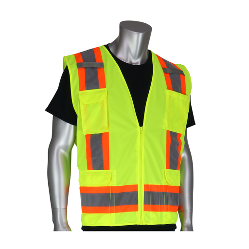 Product image for PIP 302-0500-YEL/5X CLASS 2, SURVEYORS VEST WITH ZIPPER CLOSURE, SOLID FRONT, MESH BACK, 6 POCKET, TWO TONE TAPE,