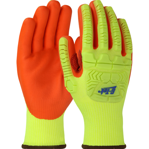 Seamless Knit Polykor Blended Glove with Hi-Vis Impact Protection and Nitrile Foam Coated Palm & Fingers, Hi-Vis Yellow, L