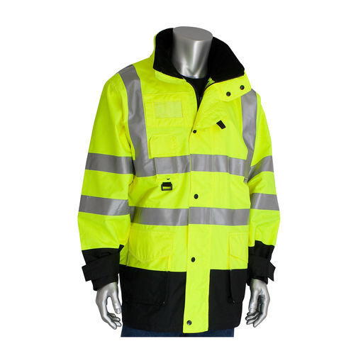 Product image for PIP 343-1756-YEL/4X CLASS 3 ALL SEASON 7 IN 1 COAT 3M TAPE BLACK TRIM - YELLOW LINED
