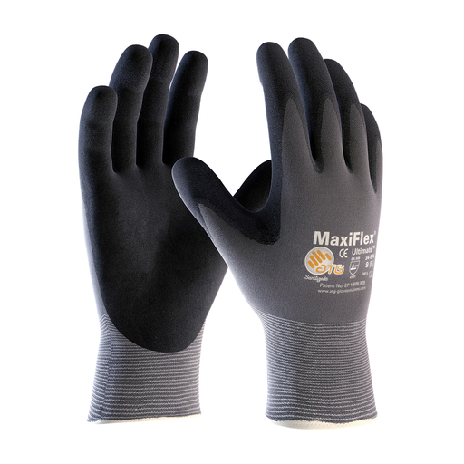Seamless Knit Nylon/Elastane Glove with Nitrile Coated MicroFoam Grip on Palm & Fingers - Touchscreen Compatible, Gray, M