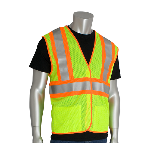Product image for PIP 305-MVFRLY-2X/3X CLASS 2 TREATED POLY MESH VEST HL CLOSURE 2 POCKET FR TAPE LY