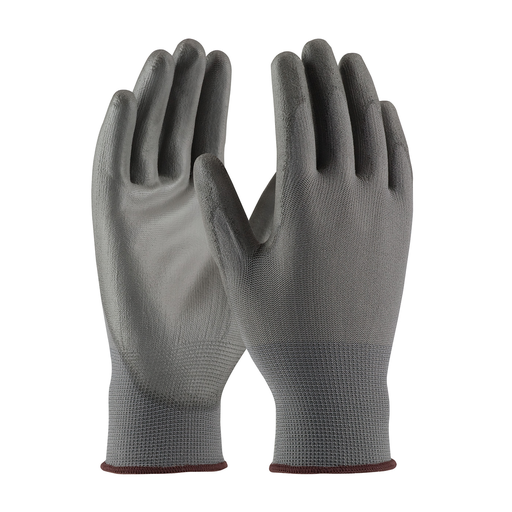 Seamless Knit Polyester Glove with Polyurethane Coated Flat Grip on Palm & Fingers, Gray, L