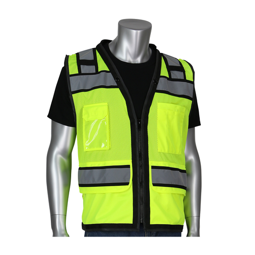 Product image for PIP 302-0800D-LY/S ANSI TYPE R CLASS 2 SMALL BLACK TWO TONE 11 POCKET TECH READY MESH SURVEY VEST WITH D RING ACCESS