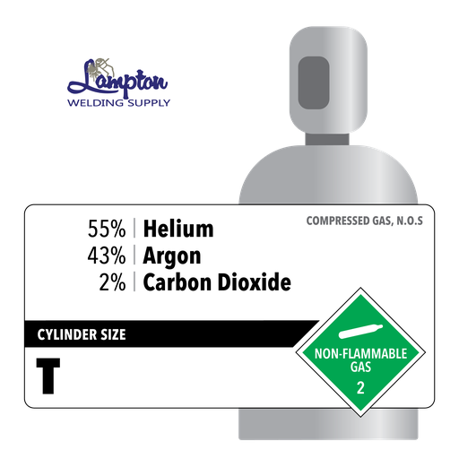 55% Helium, 43% Argon, 2% Carbon Dioxide, T, Industrial, 286 ft3, High Pressure Steel (HPS), CGA 580