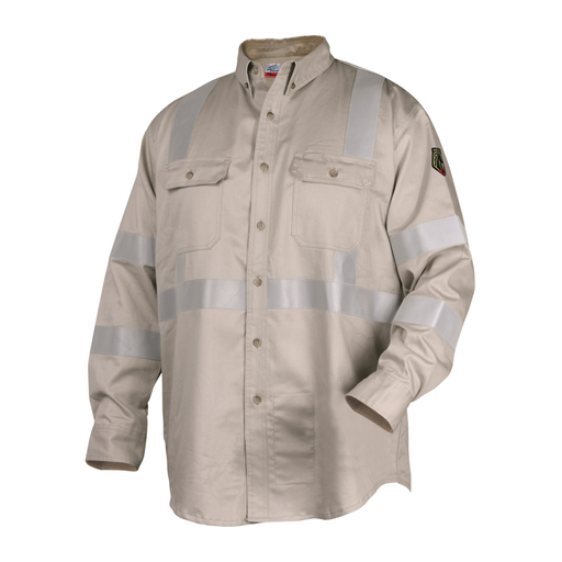 7 oz. FR Cotton Work Shirt, Stone Khaki with 2" Reflective Tape