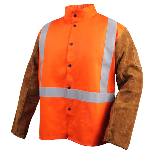 Black Stallion 9 oz. FR Cotton & Cowhide Hybrid Welding Jacket – Large, Reflective Tape, Safety Orange, 30" Length