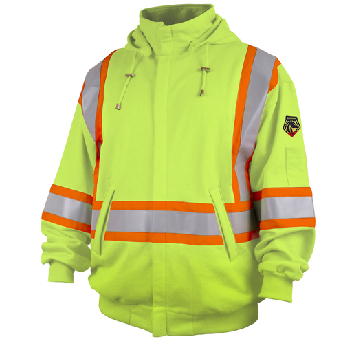 Full-Zip FR Cotton Hooded Sweatshirt with 2" Reflective Tape, Lime Green