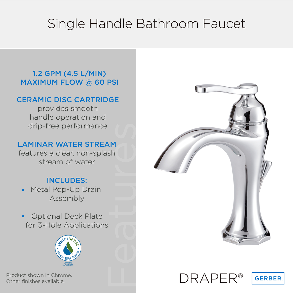Draper 1H Lavatory Faucet Single Hole Mount w/ Metal Pop-Up Drain 1.2gpm Chrome