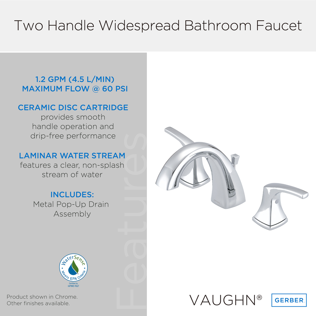 Vaughn 2H Widespread Faucet w/ Metal Pop-Up Drain 1.2gpm Chrome