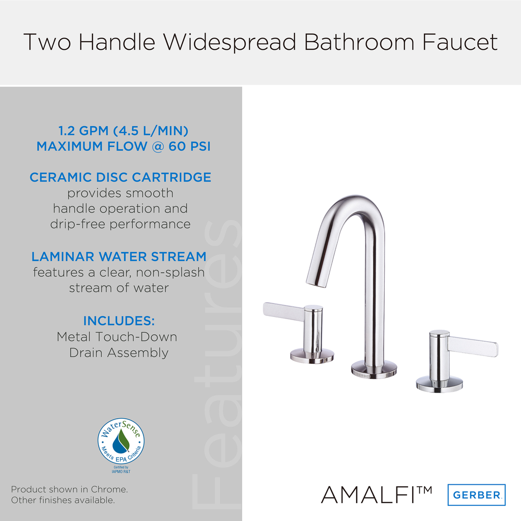 Amalfi Trim Line 2H Widespread Lavatory Faucet w/ Metal Touch Down Drain 1.2gpm Chrome