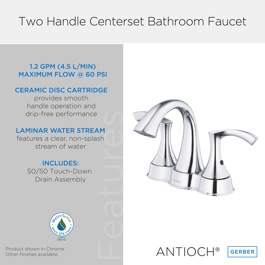 Antioch 2H Centerset Lavatory Faucet w/ 50/50 Touch Down Drain 1.2gpm Chrome