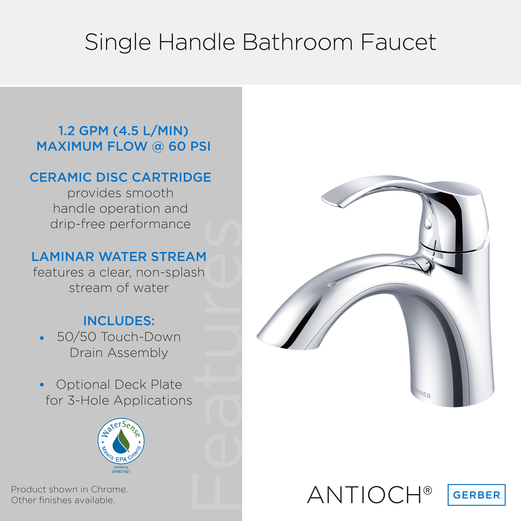 Antioch 1H Lavatory Faucet Single Hole Mount w/ 50/50 Touch Down Drain 1.2gpm Chrome