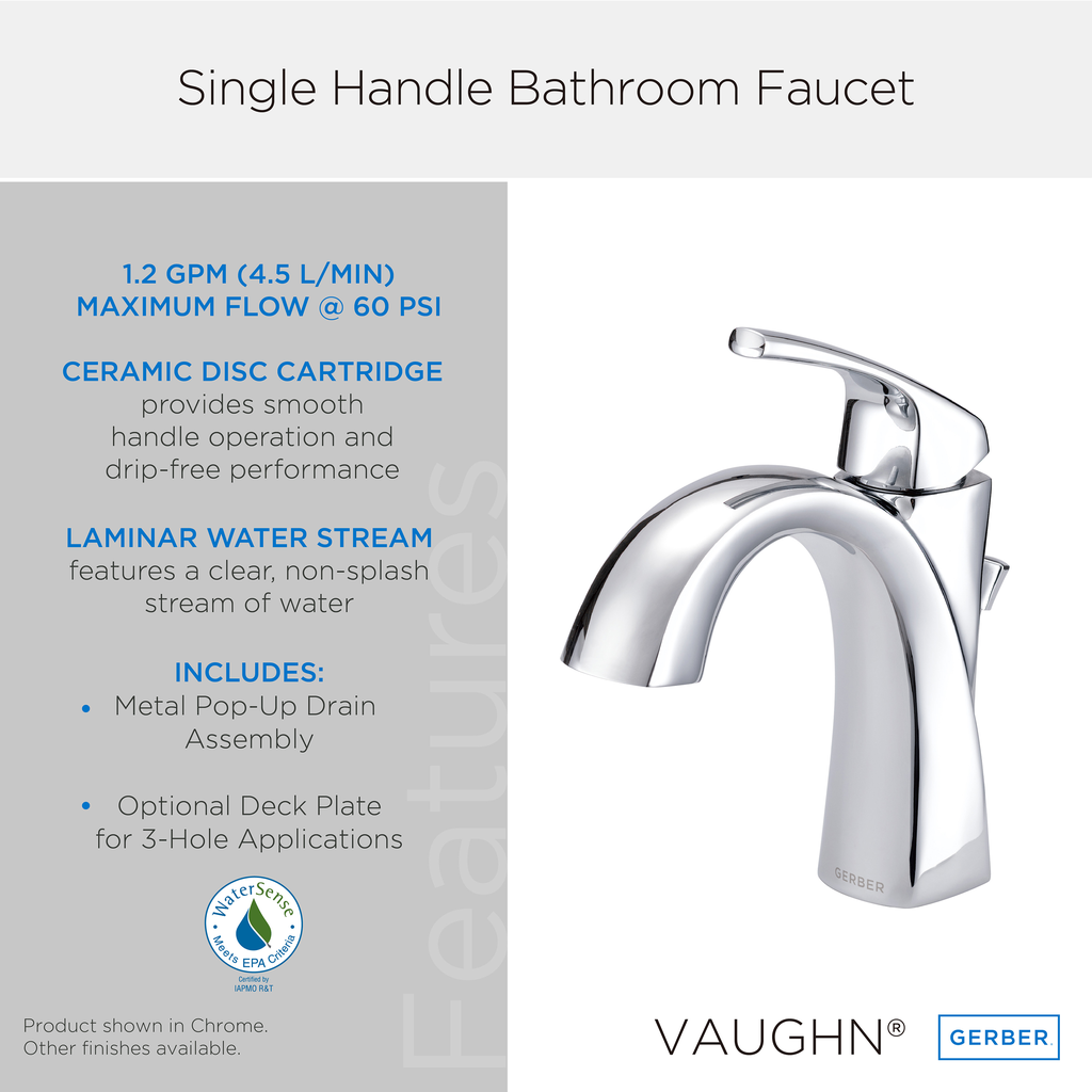 Vaughn 1H Lavatory Faucet Single Hole Mount w/ Metal Pop-Up Drain 1.2gpm Chrome
