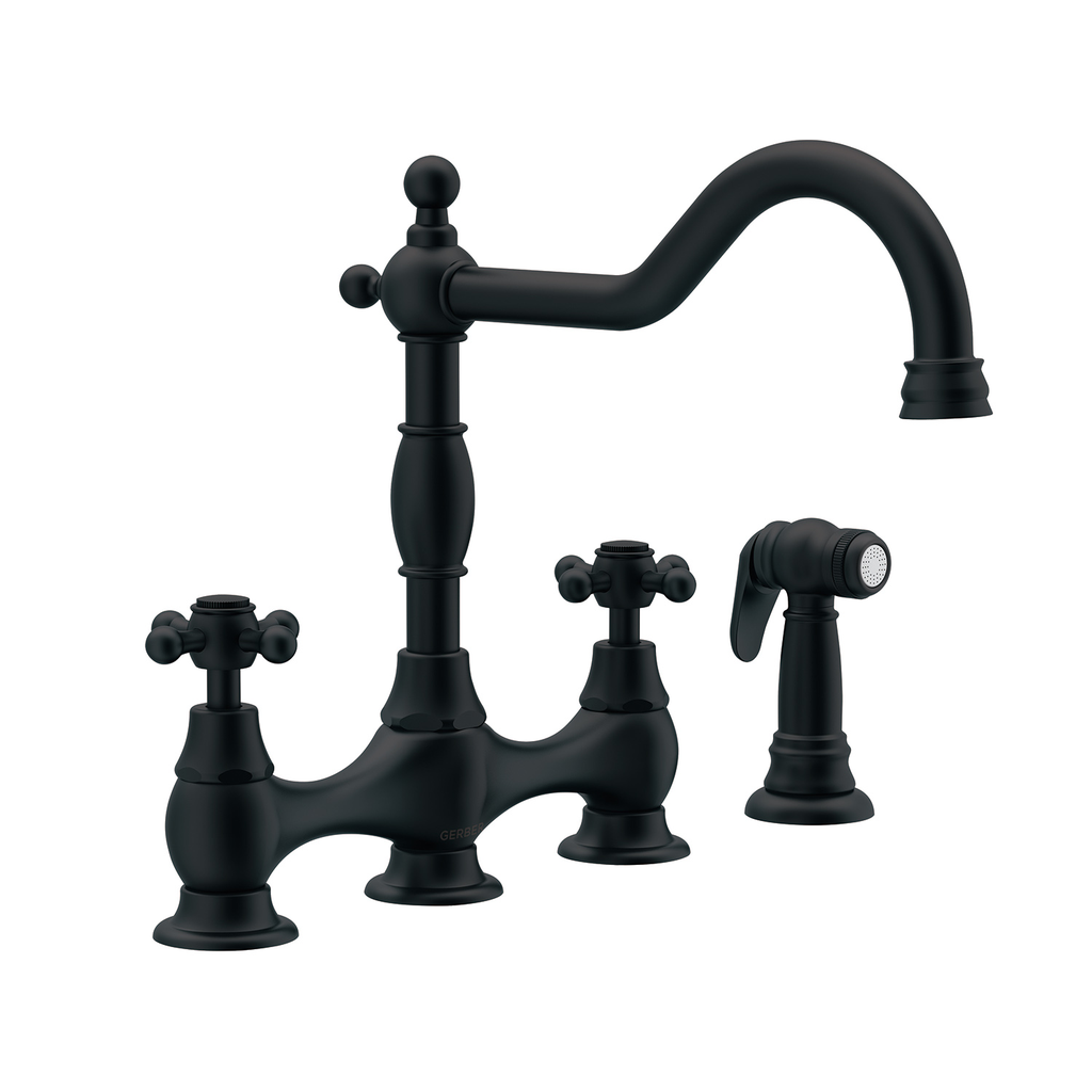 Opulence 2H Bridge Kitchen Faucet w/ Cross Handles w/ Spray 1.75gpm Satin Black