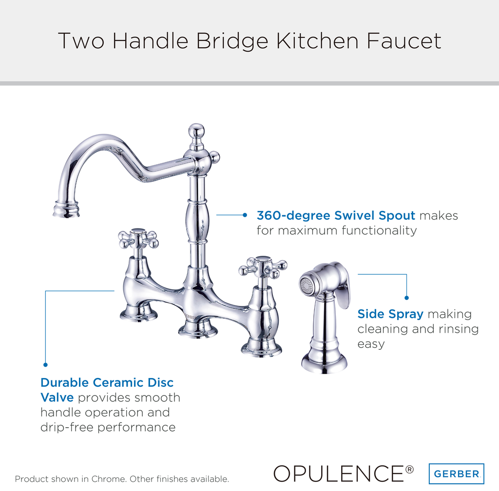 Opulence 2H Bridge Kitchen Faucet w/ Cross Handles w/ Spray 1.75gpm Chrome