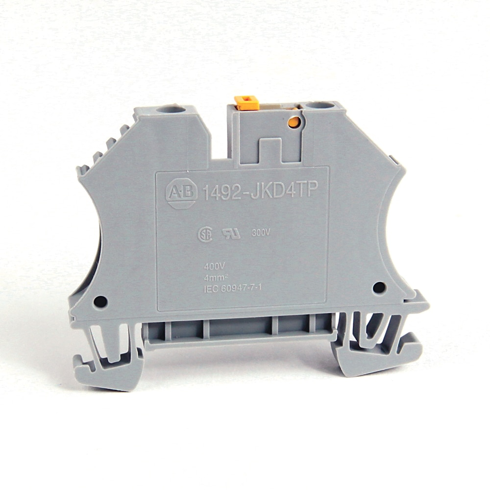 1492-J IEC Terminal Block, Knife Disconnect Feed-Through, 4 mm (# 30 AWG - # 10 AWG), 3 Connection points, 2 on one side with testing plug socket, Gray (Standard),