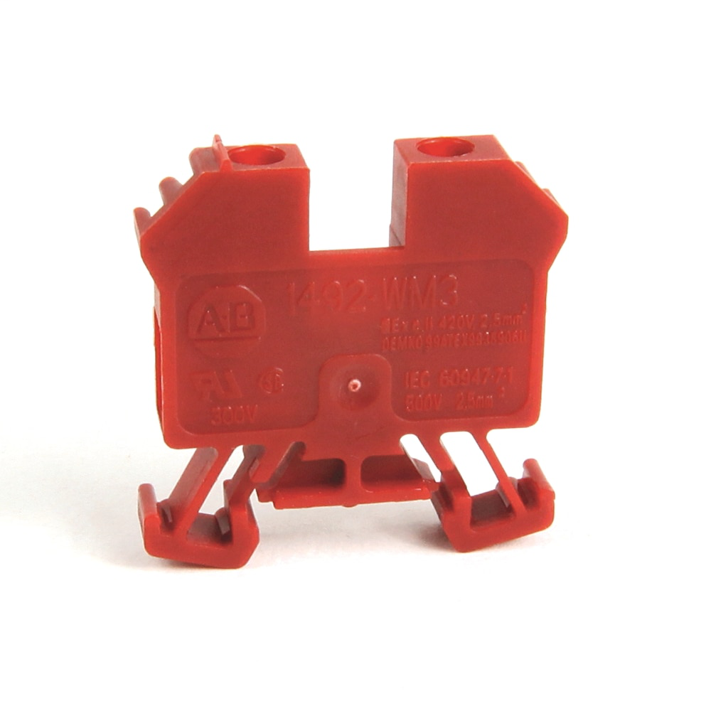 1492-W IEC Terminal Block, One-Circuit Mini Feed-Through Block, 2.5 mm (# 24 AWG - # 12 AWG), Standard Feedthrough, Red,