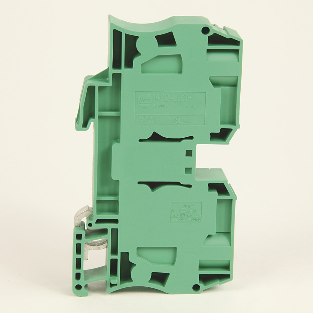 Spring Clamp Terminal Block,One-Circuit Feed-Through Ground Block,2.5 mm (# 22 AWG - # 14 AWG),Standard Feedthrough,Green / Yellow Stripe (Standard),