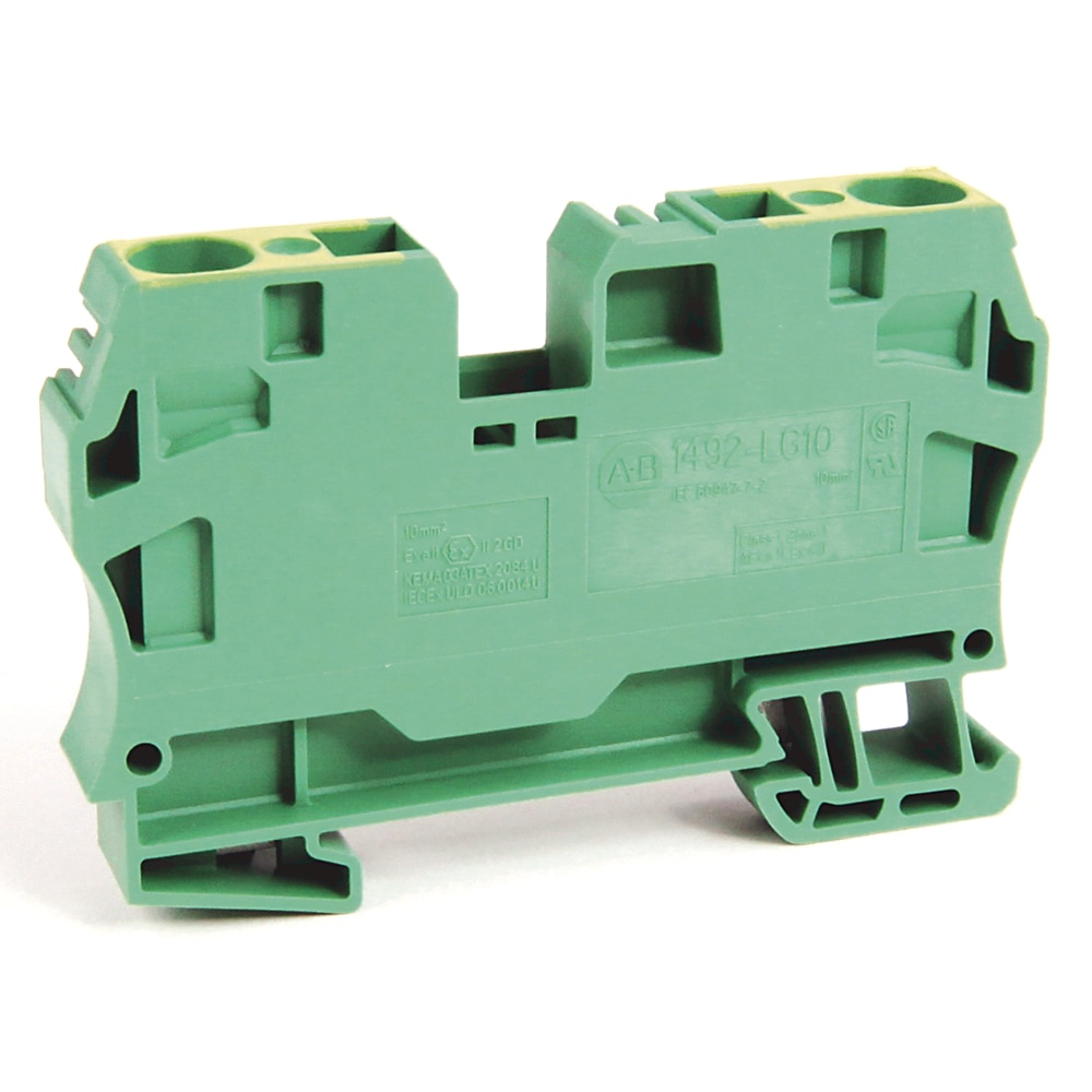Spring Clamp Terminal Block,One-Circuit Feed-Through Ground Block,6 mm (# 22 AWG - # 10 AWG), 4 mm for H4 block,Standard Feedthrough,Green / Yellow Stripe (Standard),