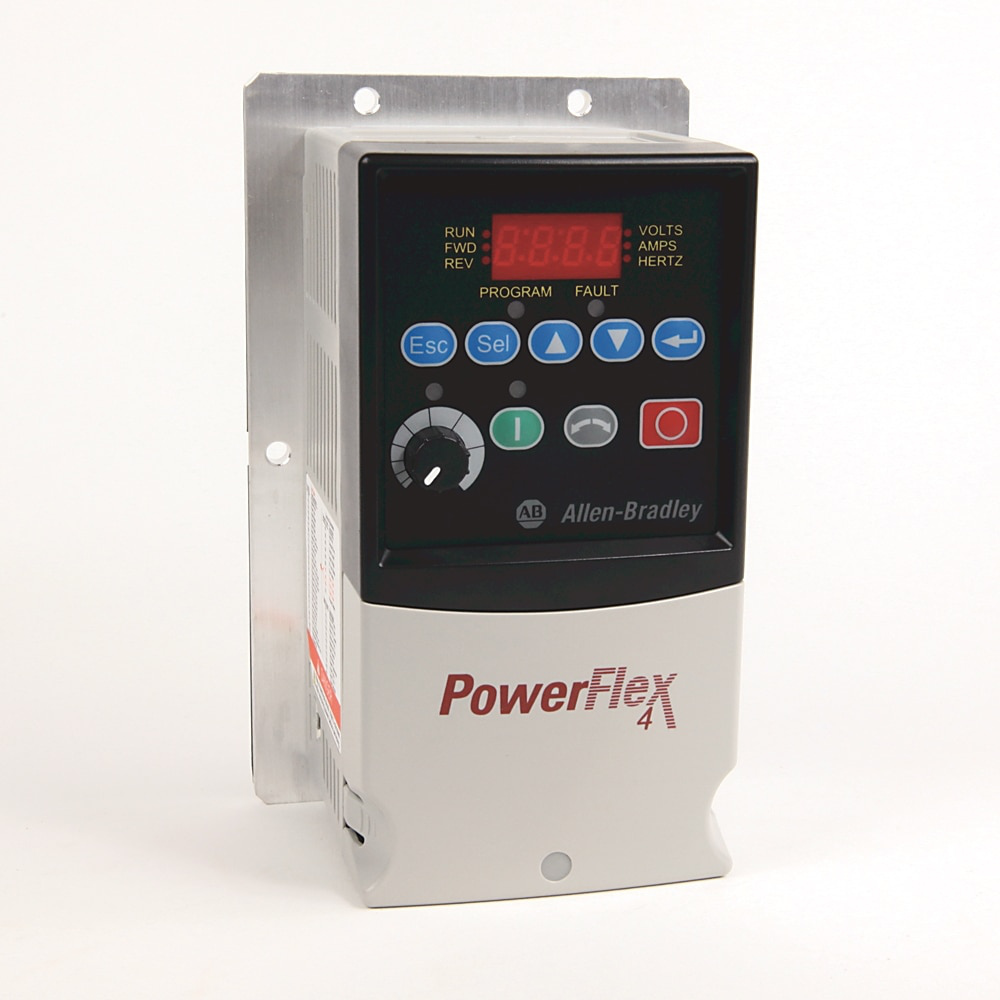 PowerFlex4 AC Drive, 240VAC, 1PH, 2.3 Amps, 0.37 kW, 0.5 HP,Frame Size A, IP20 (Heatsinkless), LED Display, Fixed Digital Keypad / Flash ROM, No CE Compliant Filter, RS485