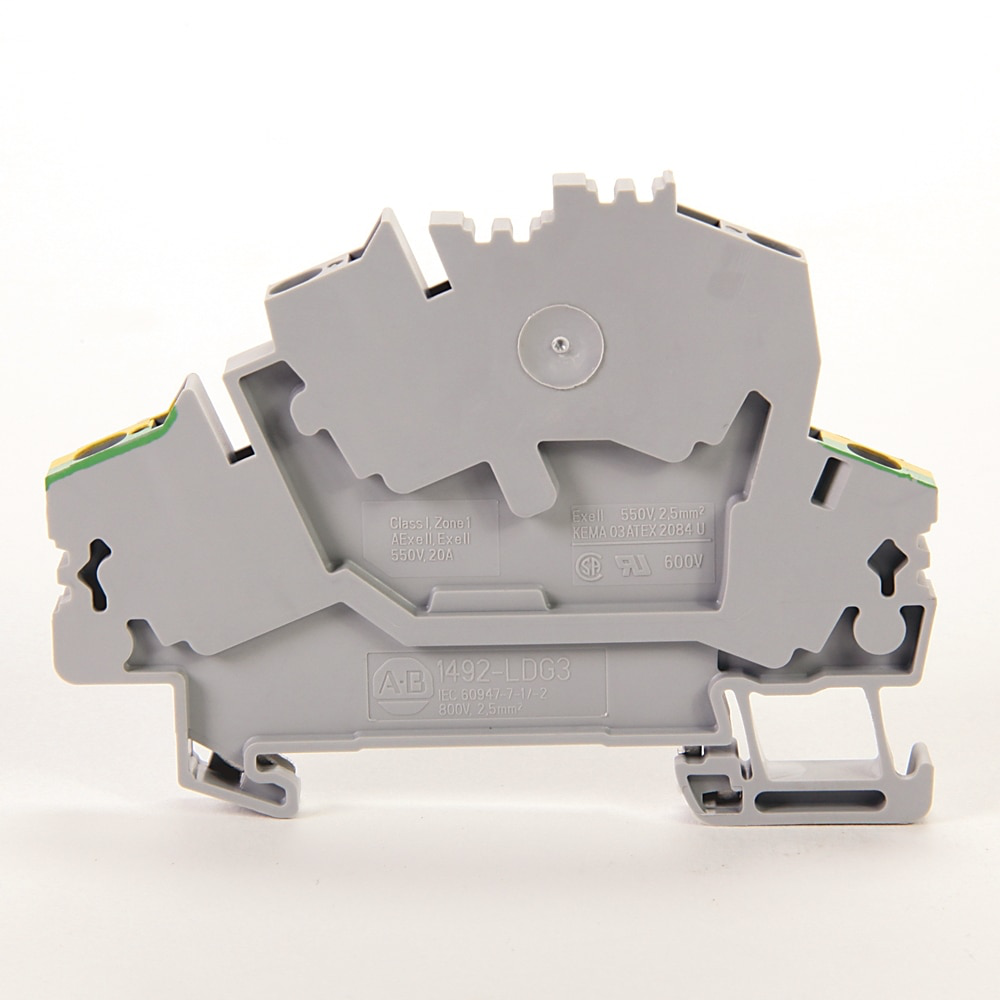 Spring Clamp Terminal Block,Two-Circuit Block with 1 Feed-Through and 1 Ground Circuit,1.5 mm (# 22 AWG - # 16 AWG),Two circuits connected by a Commoning Bar,Green / Yellow Stripe (Standard),