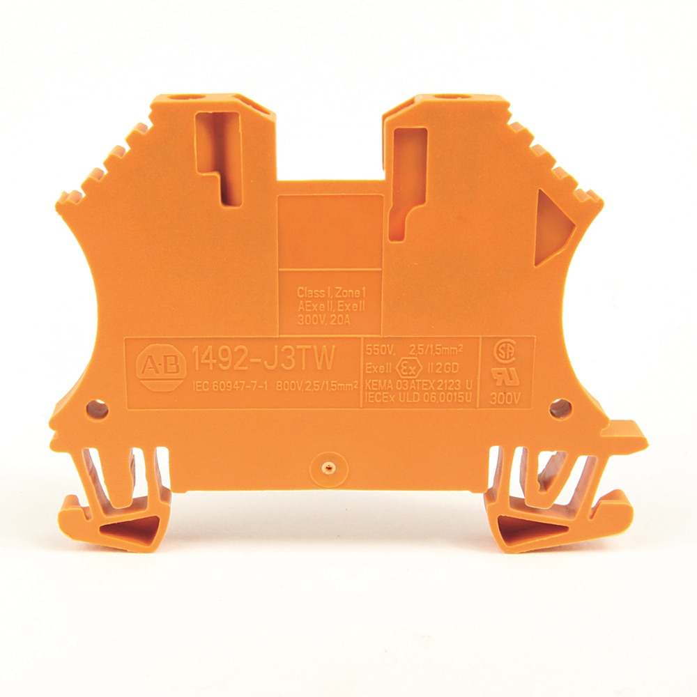 1492-J IEC Terminal Block, One-Circuit Feed-Through Block, 2.5 mm (# 24 AWG - # 12 AWG), 3 Connection points, 2 on one side, Orange,