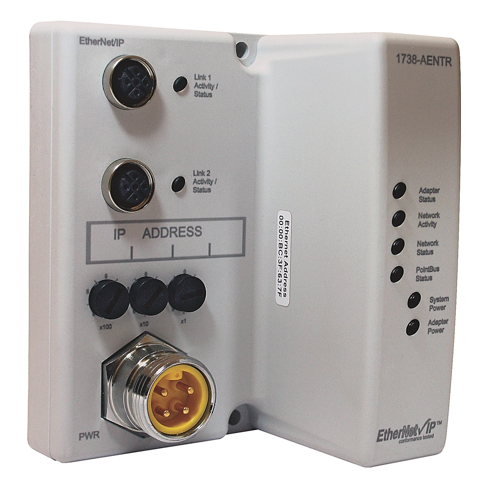 1738 ArmorPoint Communication Adaptor, EtherNet/IP, M12 Quick-Disconnect 2 Port, Input Voltage Range: 10-28V DC Field Side Power Requirements: 24 V DC (+4% = 25V DC) @ 30mA - 4.5W Power Consumption(W) at 24V: 4.5W Inrush Current: 6 A for 10ms Power Dissip