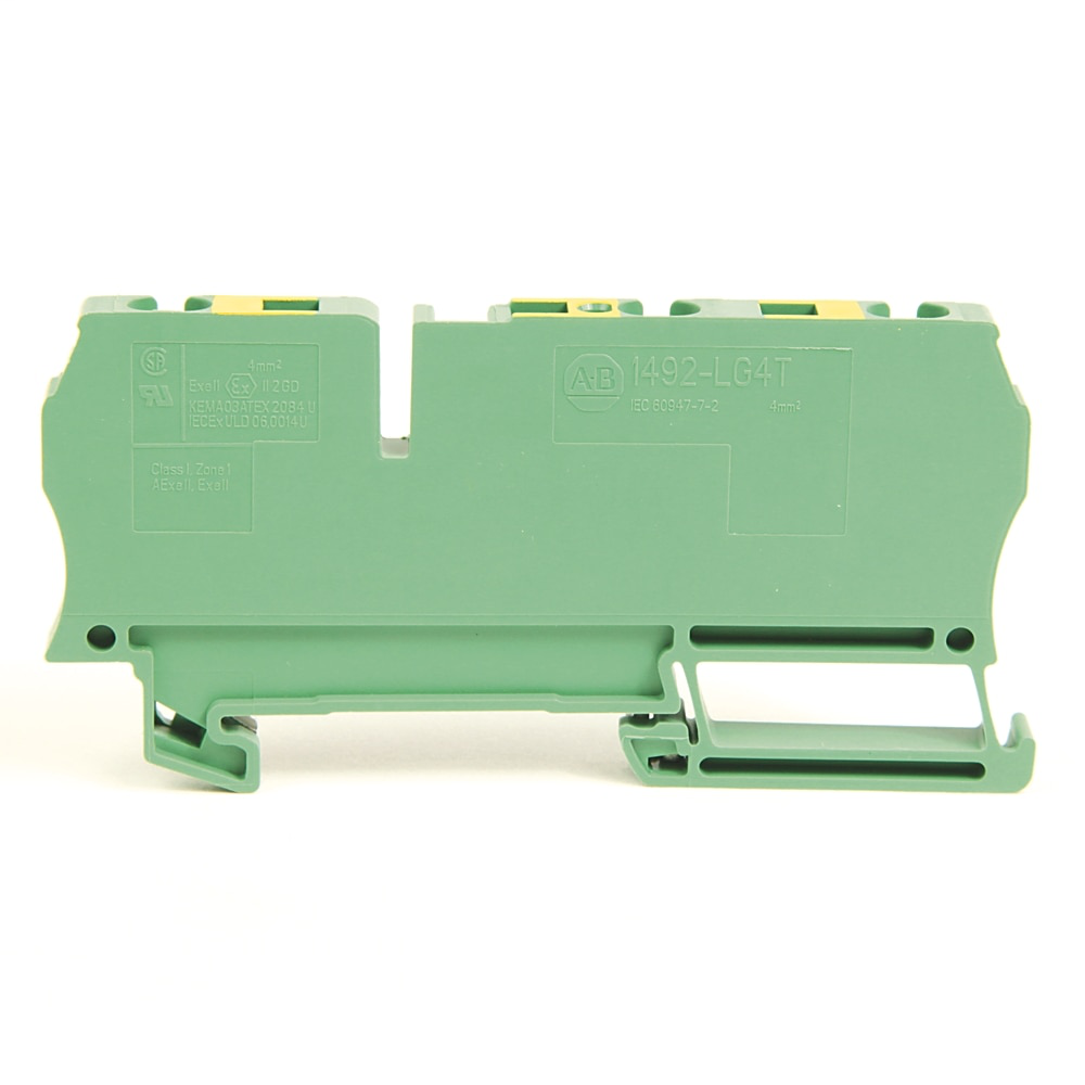 Spring Clamp Terminal Block,One-Circuit Feed-Through Ground Block,4 mm (# 22 AWG - # 10 AWG) or 2.5 mm (# 22 AWG - # 12 AWG),Standard Feedthrough,Green / Yellow Stripe (Standard),