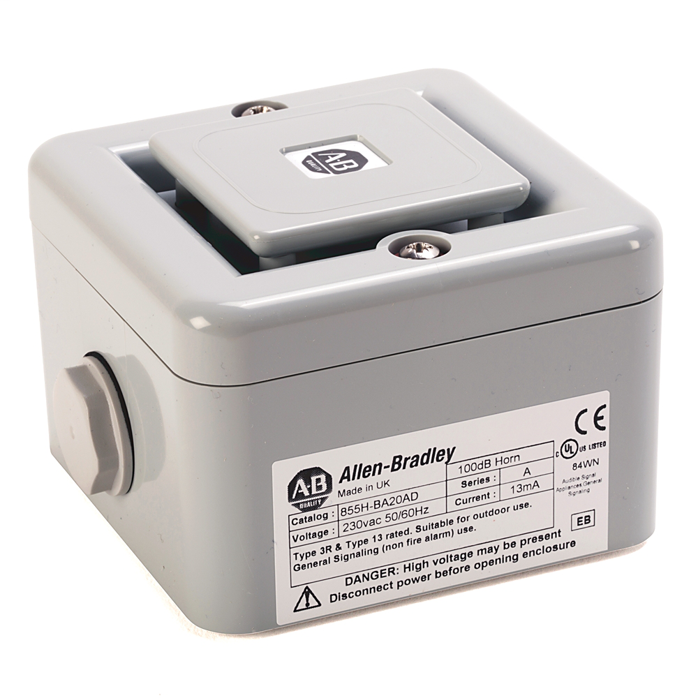 Allen-Bradley 855H-BD30BD 10-30 Volt DC 104 Db/32 Tone Gray Standard Base Back Feed or Conduit Feed Industrial Horn Allen-Bradley 855H-BD30BD 10-30 Volt DC 104 Db/32 Tone Gray Standard Base Back Feed or Conduit Feed Industrial Horn