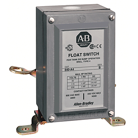Allen Bradley 840-A42 600 VAC 10 Amp 2NC NEMA 4 Electromechanical Automatic Float Switch Allen Bradley 840-A42 600 VAC 10 Amp 2NC NEMA 4 Electromechanical Automatic Float Switch