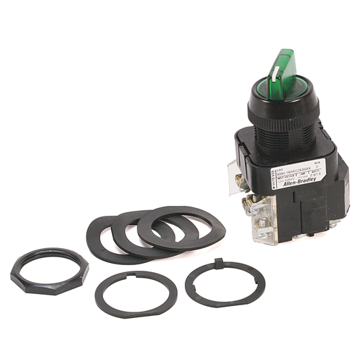 30.5mm Type 4/4X/13 Sel. Switch-Illum., 3 Pos., Transformer, 120V AC 50/60 Hz, Green, Knob Lever Maint., 1 NO-1 NC