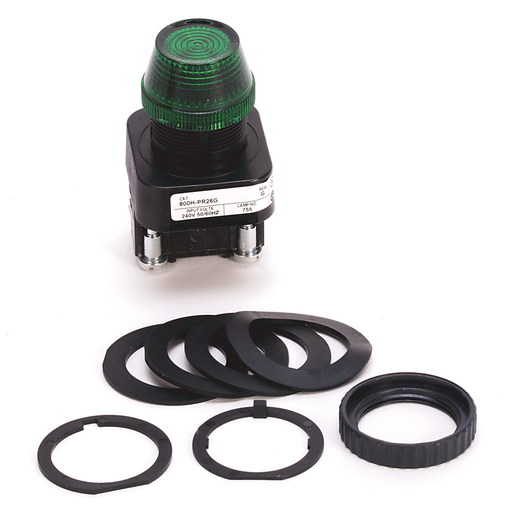 30.5mm Type 4/4X/13 Pilot Light, Xfmr, No Test Option, Incand., Green, 240V AC 50/60 Hz
