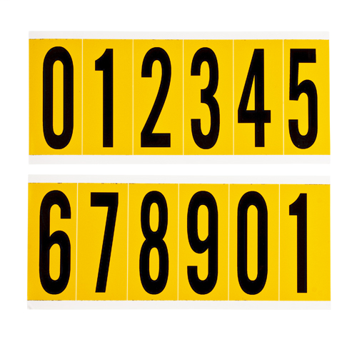 Product image for Brady 97607 Outdoor Vinyl 3 in Black on Yellow Numbers 0 to 9 Kit of 25 Cards