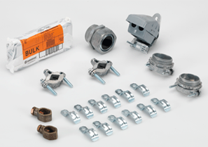 Service Entrance Kit consisting of (1) 1240-PVC entrance head, (1) 764-2N watertight connector, (1) DS-100 duct seal, (2) 674-DC2 non-watertight connectors, (12) 882-SE one hole straps, (2) 1308-DC water pipe ground clamps, (2) GRC-63 ground rod clamps, a