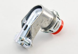 Single Screw Snap In 90° fittings with cover used for connecting Flexible Metal Conduit and AC/MC cable.