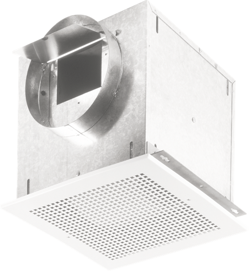 Ventilator; 161 CFM Horizontal, 1.4 Sones; 162 CFM Vertical, 1.6 Sones. Metal grille. 6" rd. duct connector. 120V