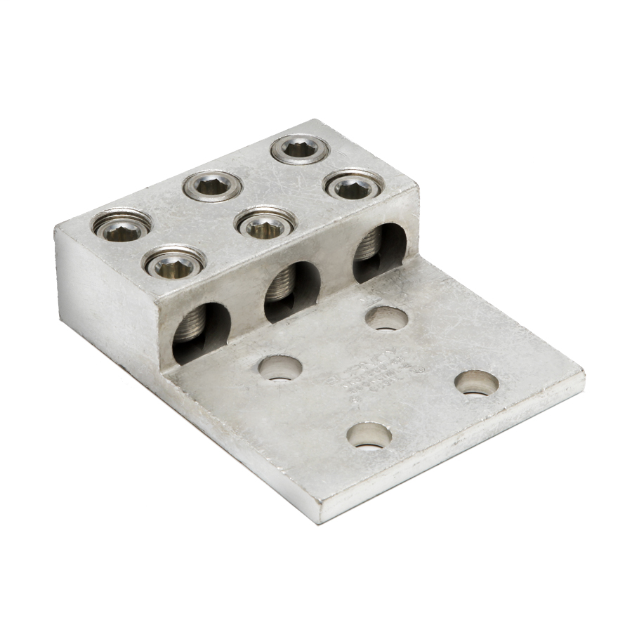 Product image for Burndy KK3A36U4N Aluminum Universal Terminal, 3 Conductor, 4 Hole, 2 AWG (Str)-600 kcmil, 1/2" Stud, 175" Stud Hole Spacing, 6 Screws, Al/Cu Rated, Tin Plated