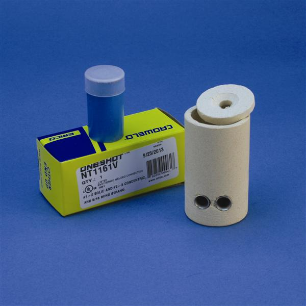 Product image for Erico / Cadweld NX1-181V ONE-SHOT Exothermic Weld Mold Package, (Two) Thru-Cables to Top of Ground Rod, 3/4" Rod, #1-#2 Solid, #2-#3 Stranded Cable